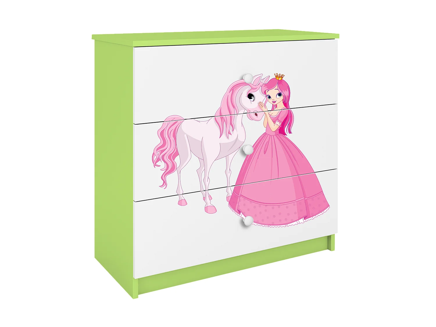 Comò bambino verde Babydreams Principessa Cavallo, 3 ampi cassetti, pannello laminato 18 mm, design moderno