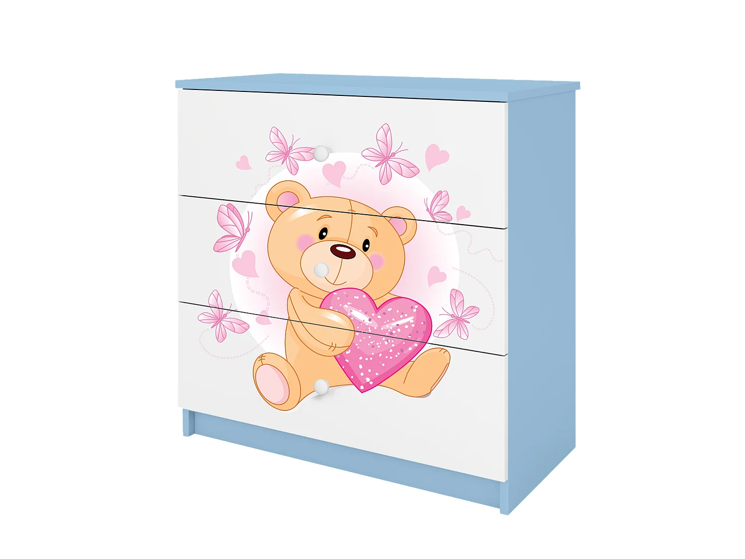 Commode pour enfants avec tiroirs Ours en peluche Papillons de couleur Bleue Babydreams