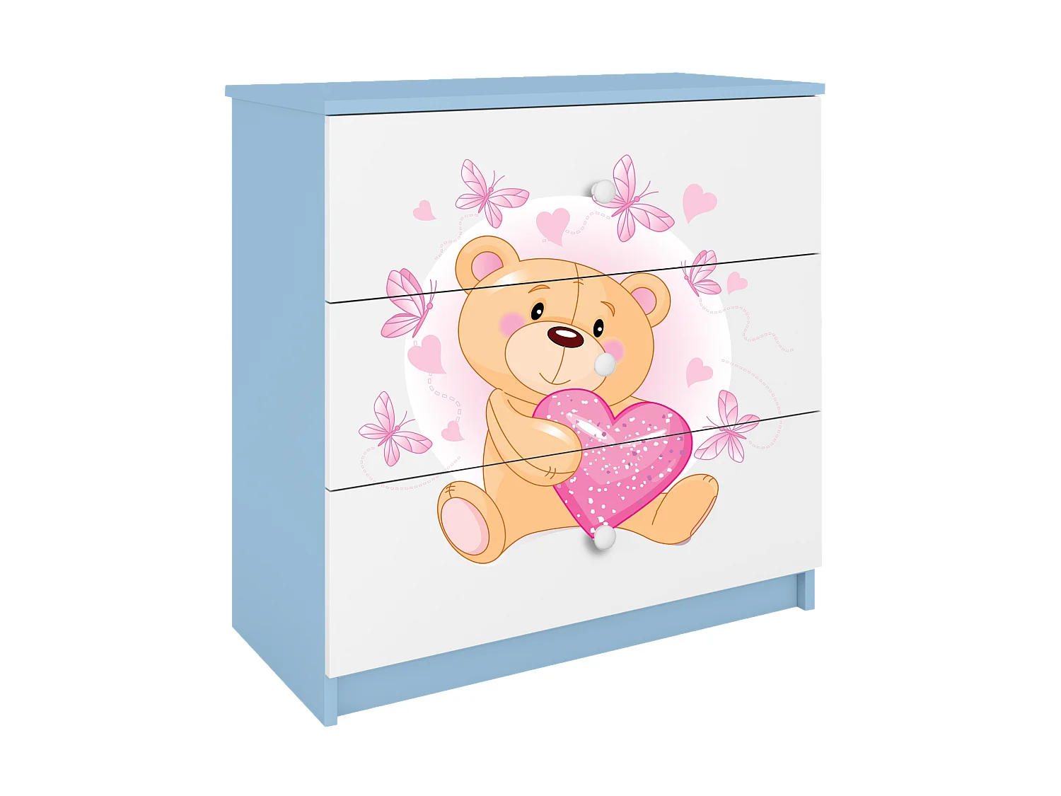 Commode pour enfants avec tiroirs Ours en peluche Papillons de couleur Bleue Babydreams