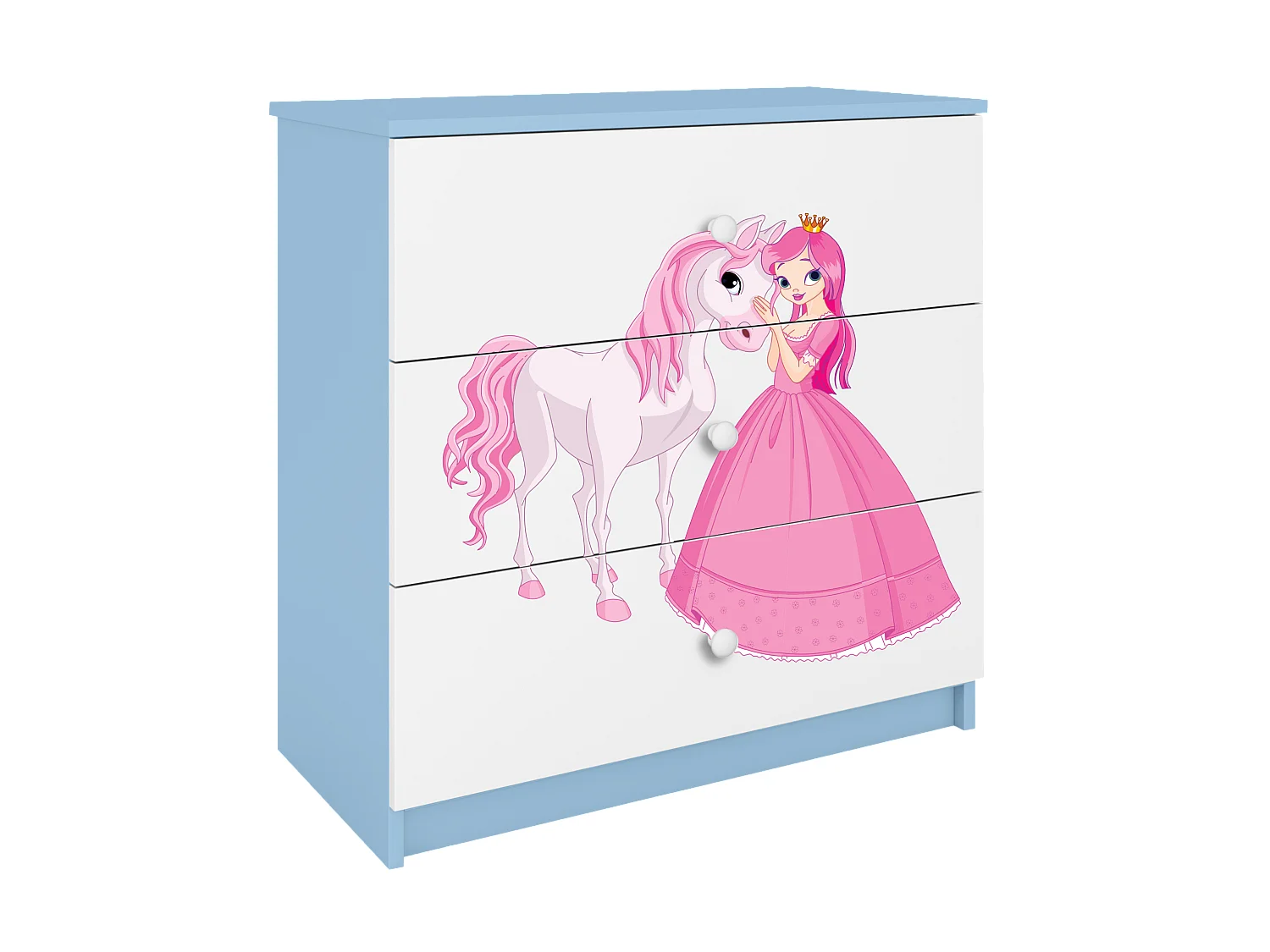 Comò per bambini Babydreams blu con motivo Principessa Cavallo, 3 ampi cassetti, pannello laminato 18 mm, design moderno
