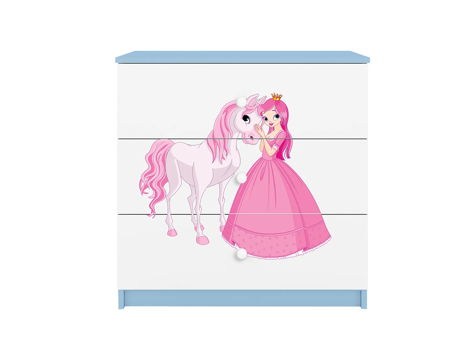 Comò per bambini Babydreams blu con motivo Principessa Cavallo, 3 ampi cassetti, pannello laminato 18 mm, design moderno