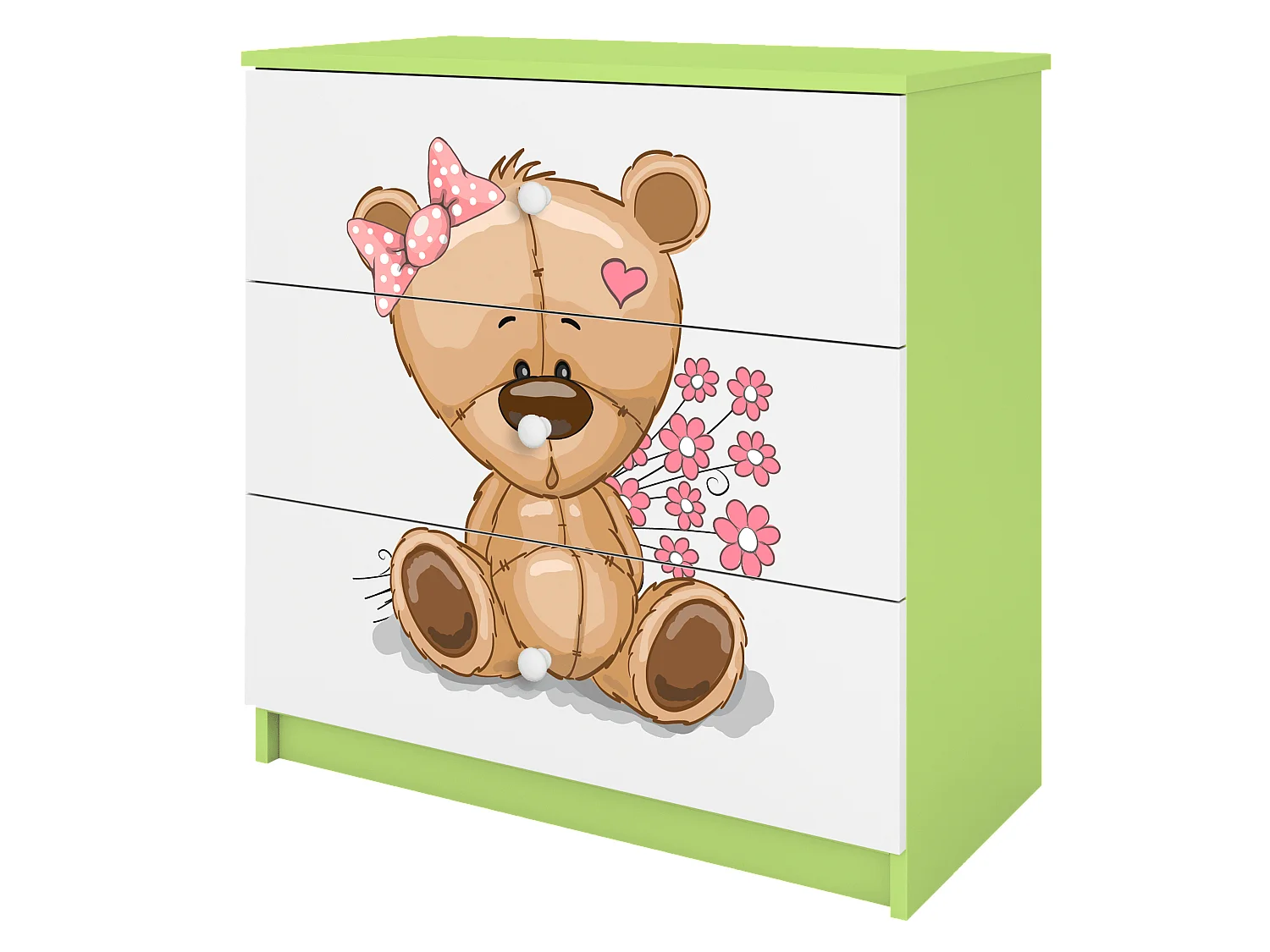 Commode pour enfants avec tiroirs ours en peluche fleurs en couleur verte Babydreams