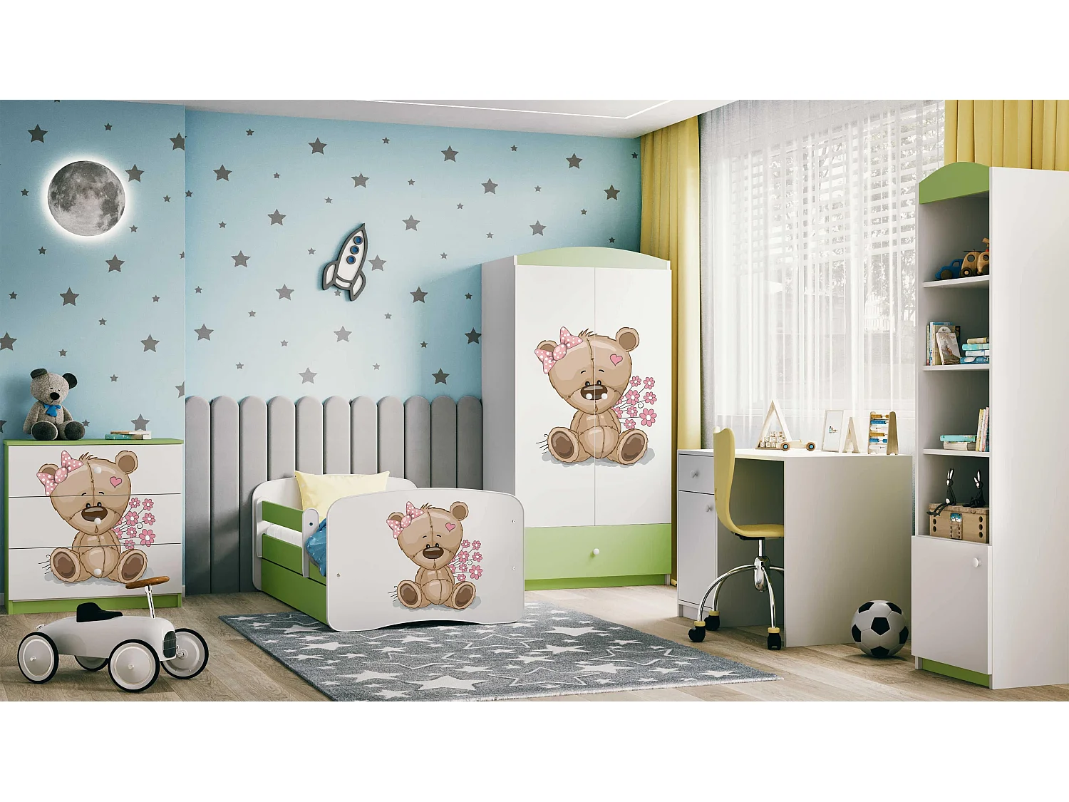 Commode pour enfants avec tiroirs ours en peluche fleurs en couleur verte Babydreams