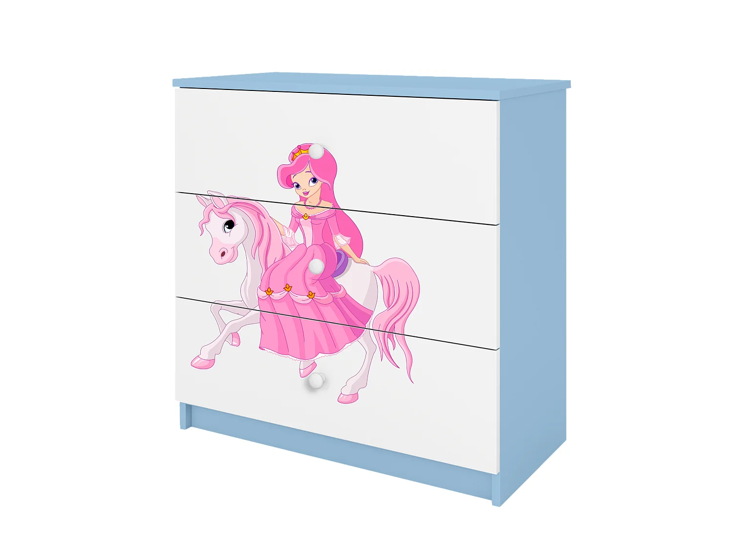 Comò Bambini Blu Principessa a Cavallo BABYDREAMS 3 Cassetti Laminato 81x41x81 cm