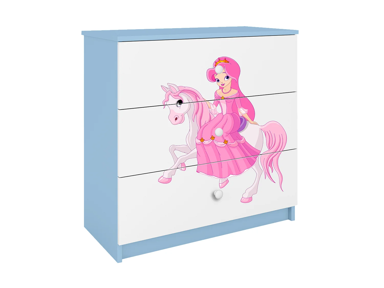 Comò Bambini Blu Principessa a Cavallo BABYDREAMS 3 Cassetti Laminato 81x41x81 cm