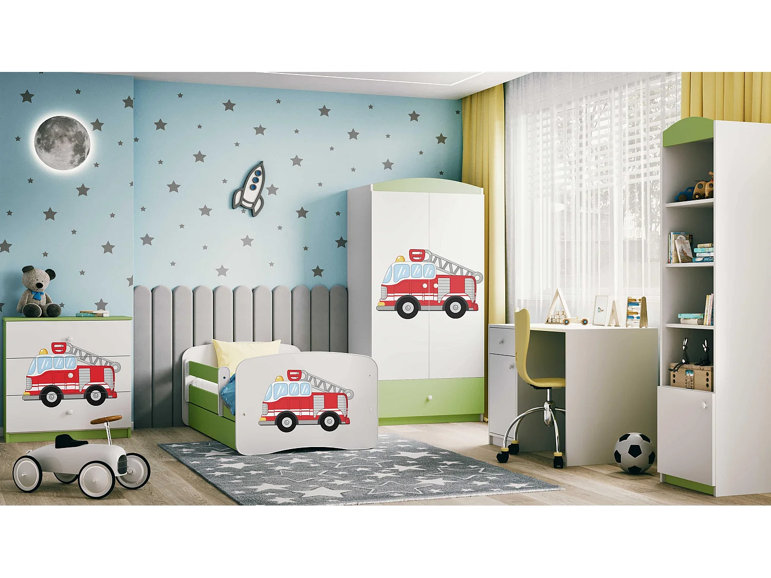 Comò Bambini Camion dei Pompieri Verde Babydreams 3 Cassetti - Design Moderno, Alta Qualità, Sicurezza e Comfort