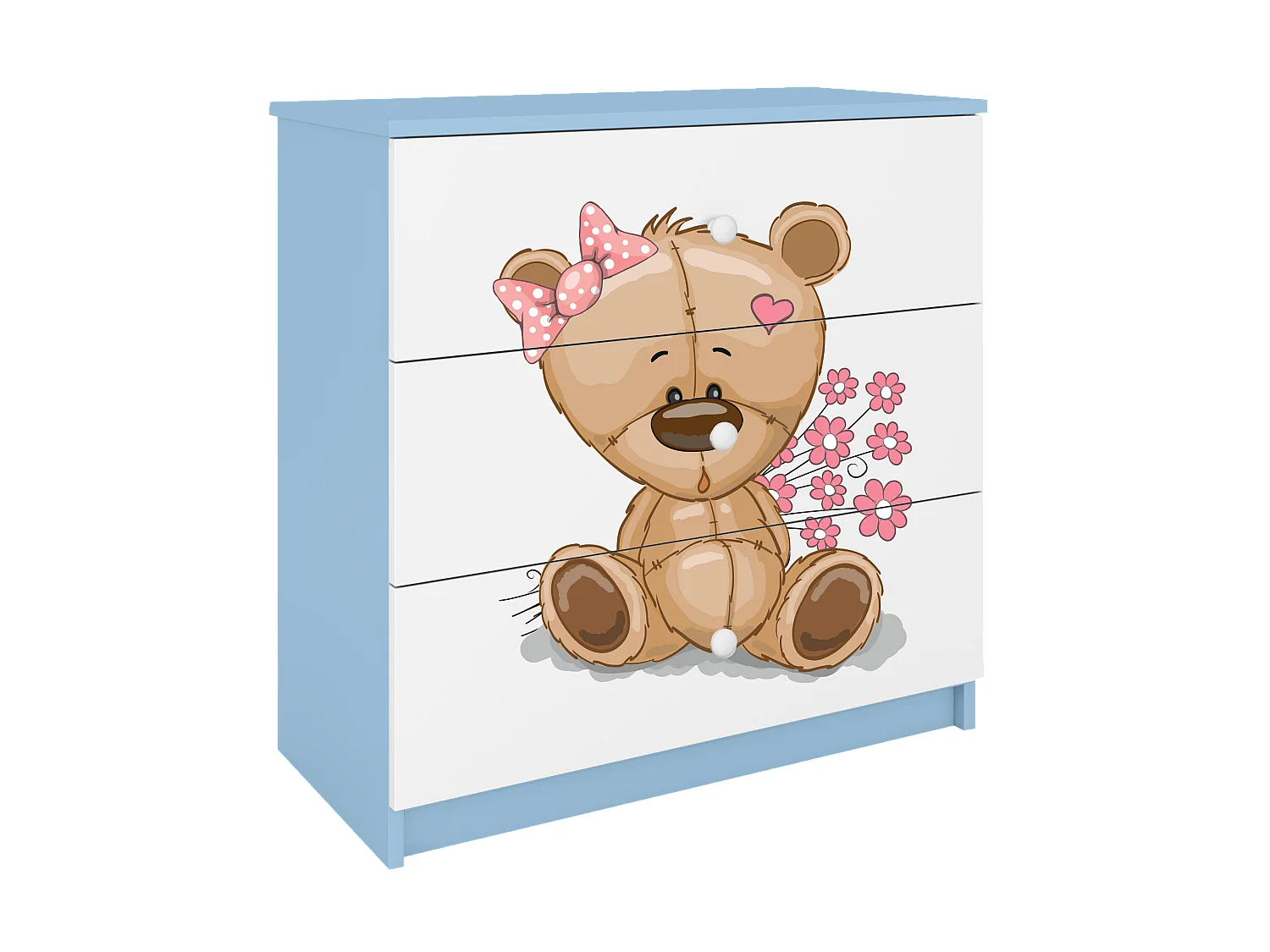 Kinderkommode mit Schubladen Teddybär Blumen in der Farbe Blau Babydreams