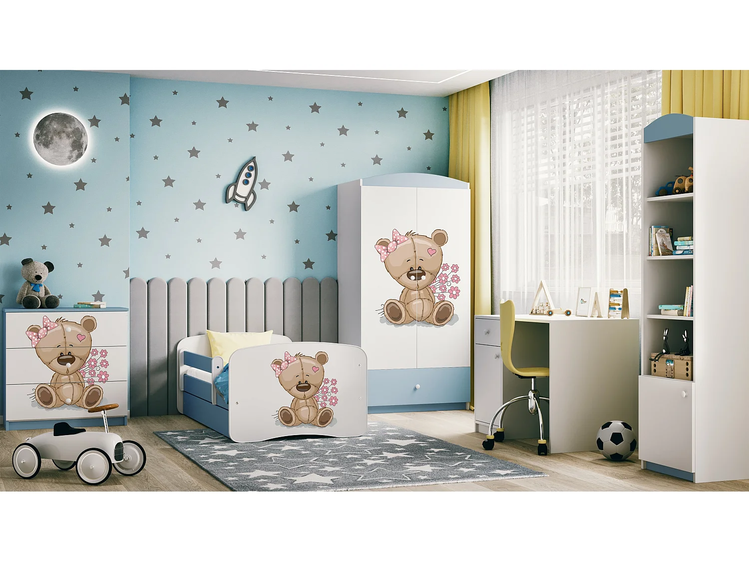 Kinderkommode mit Schubladen Teddybär Blumen in der Farbe Blau Babydreams