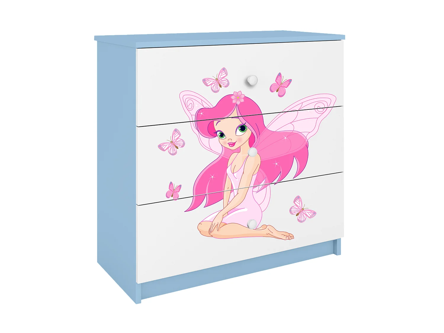 Commode d'enfants avec tiroirs Fée avec des papillons en couleur bleue Babydreams