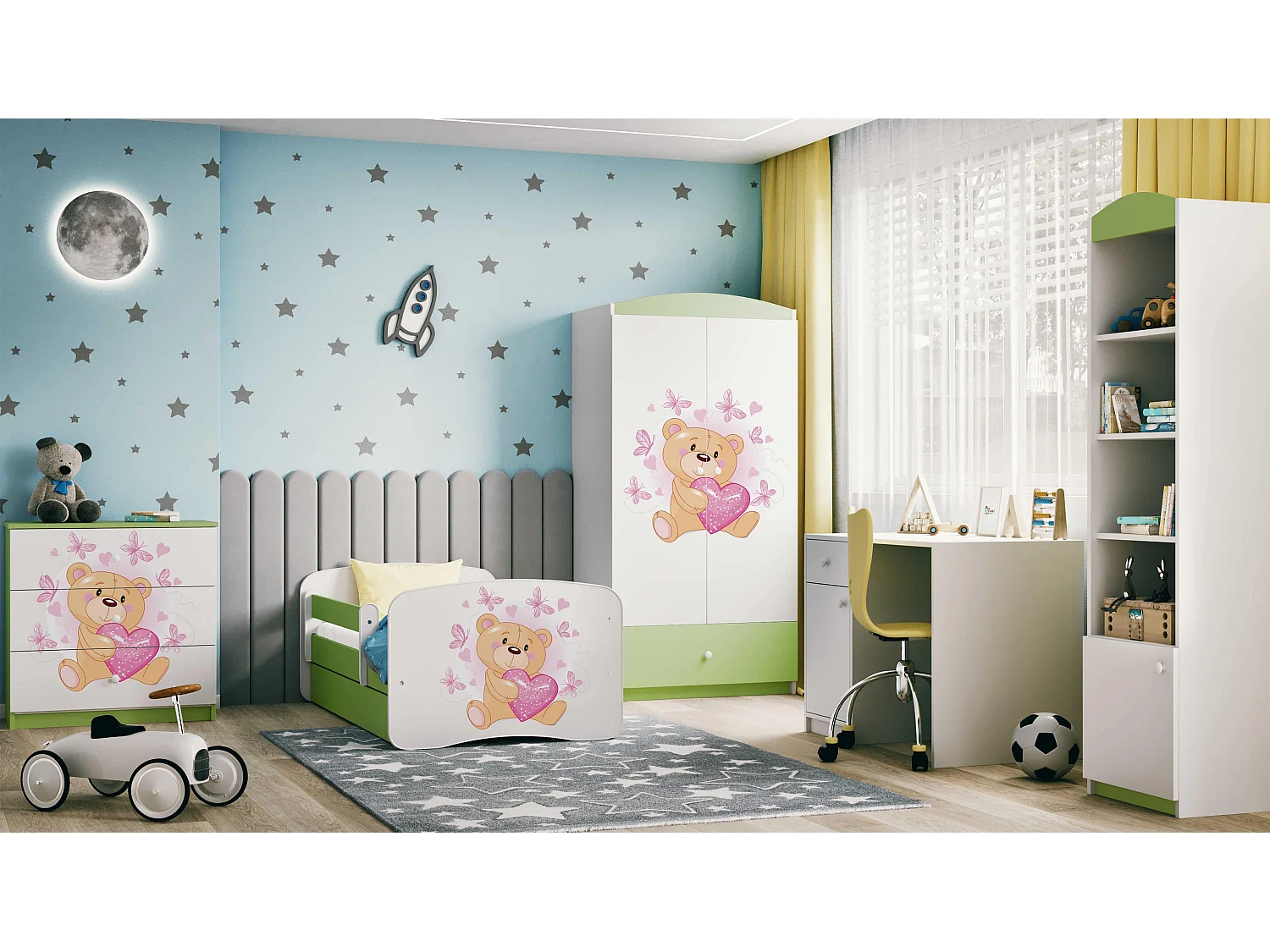 Commode d'enfants avec tiroirs Ours en peluche Papillons en couleur verte Babydreams