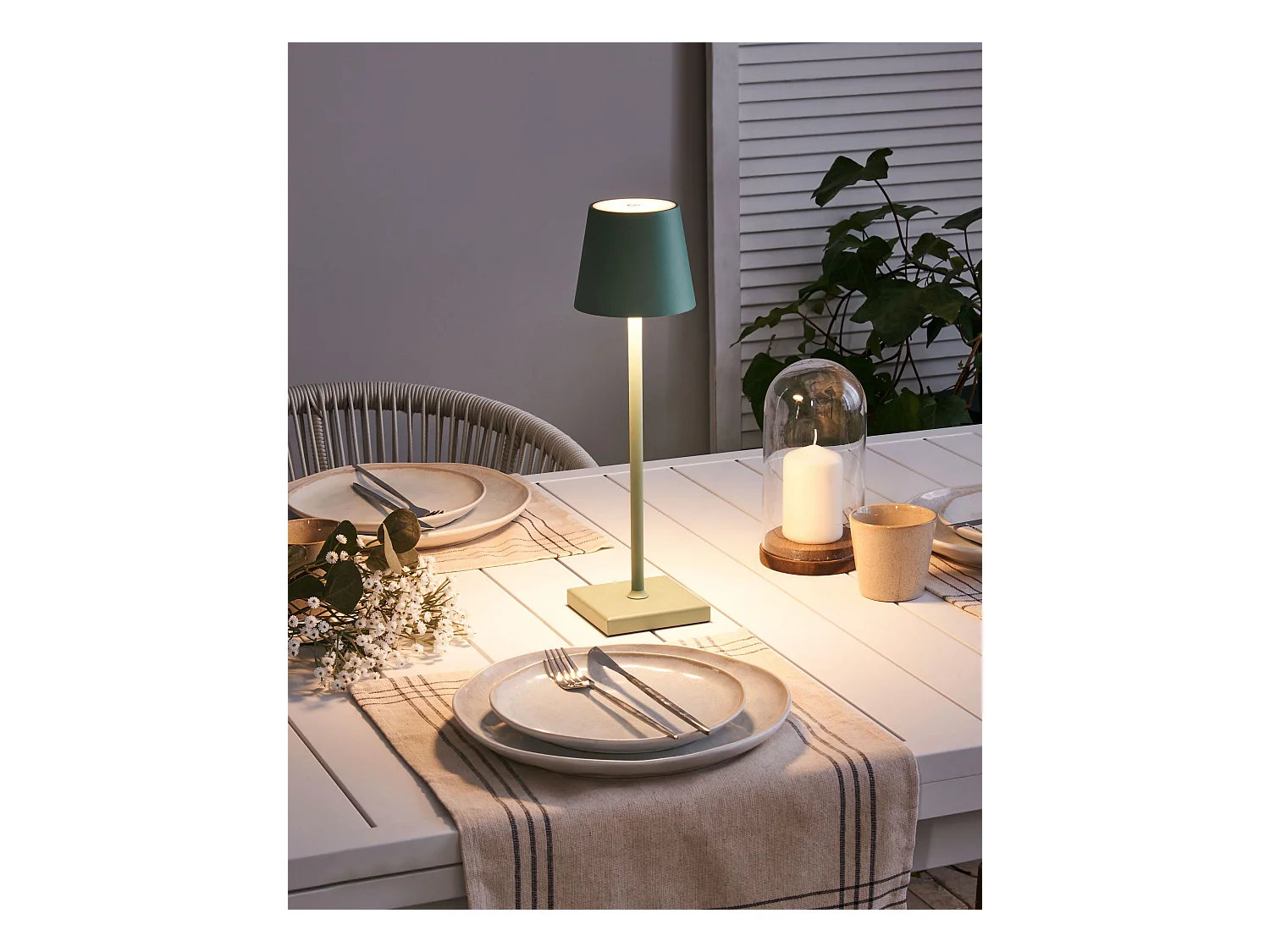 Tischlampe Metall grün wiederaufladbar kabellos Akku Touch LED Outdoor Baceiro