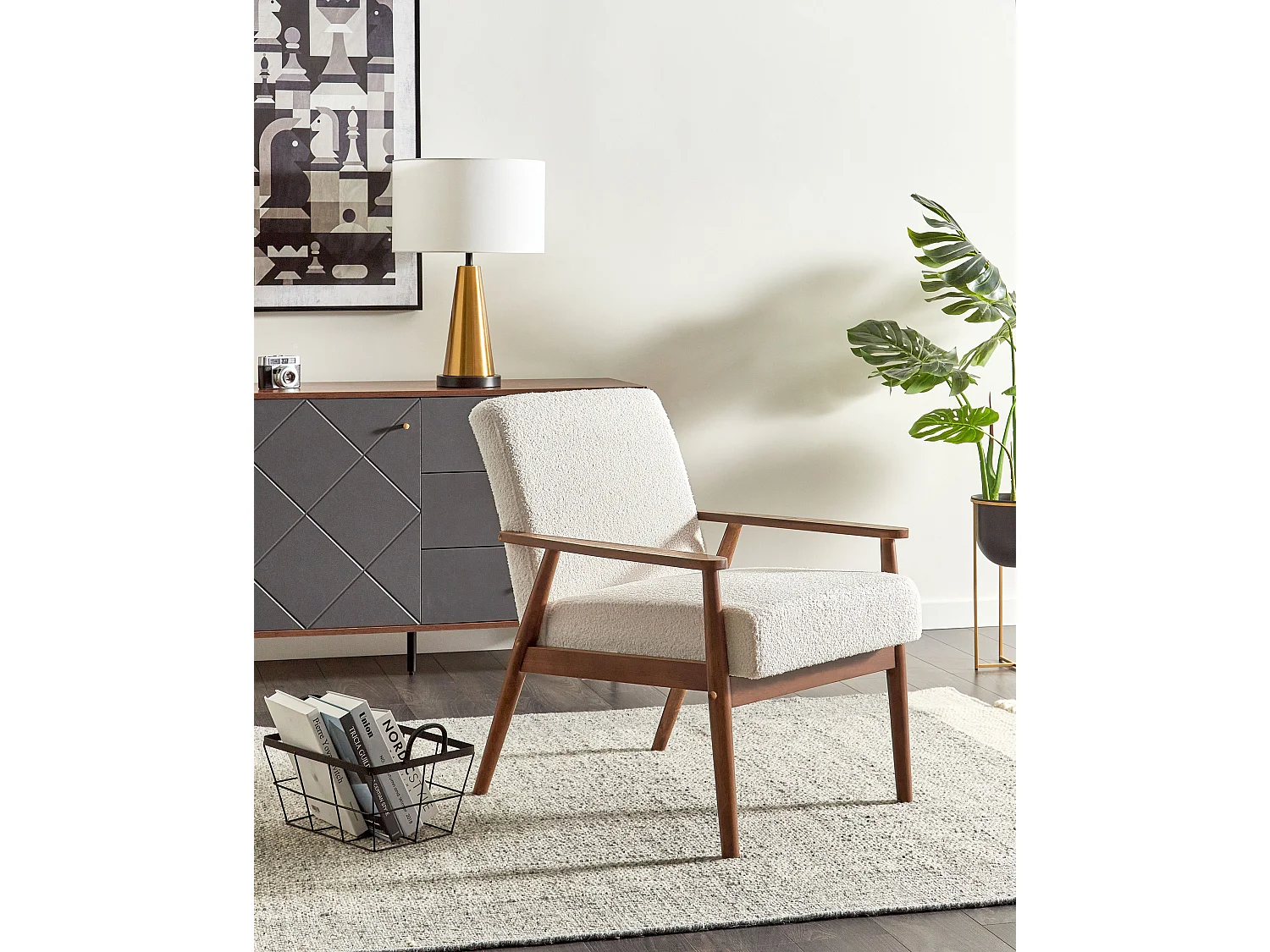 Sessel Bouclé creme weiß / dunkler Holzfarbton mit Armlehnen Retro Stil Esrum