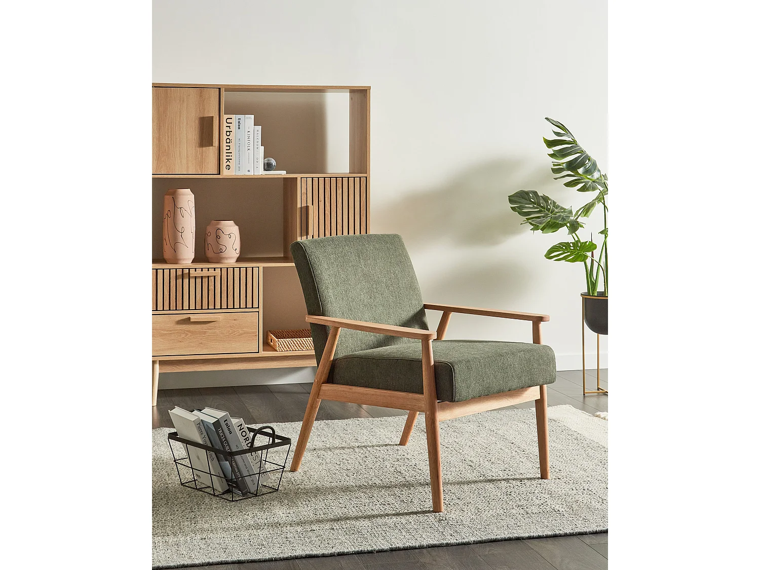 Sessel Stoff grün / heller Holzfarbton mit Armlehnen Retro Stil Esrum