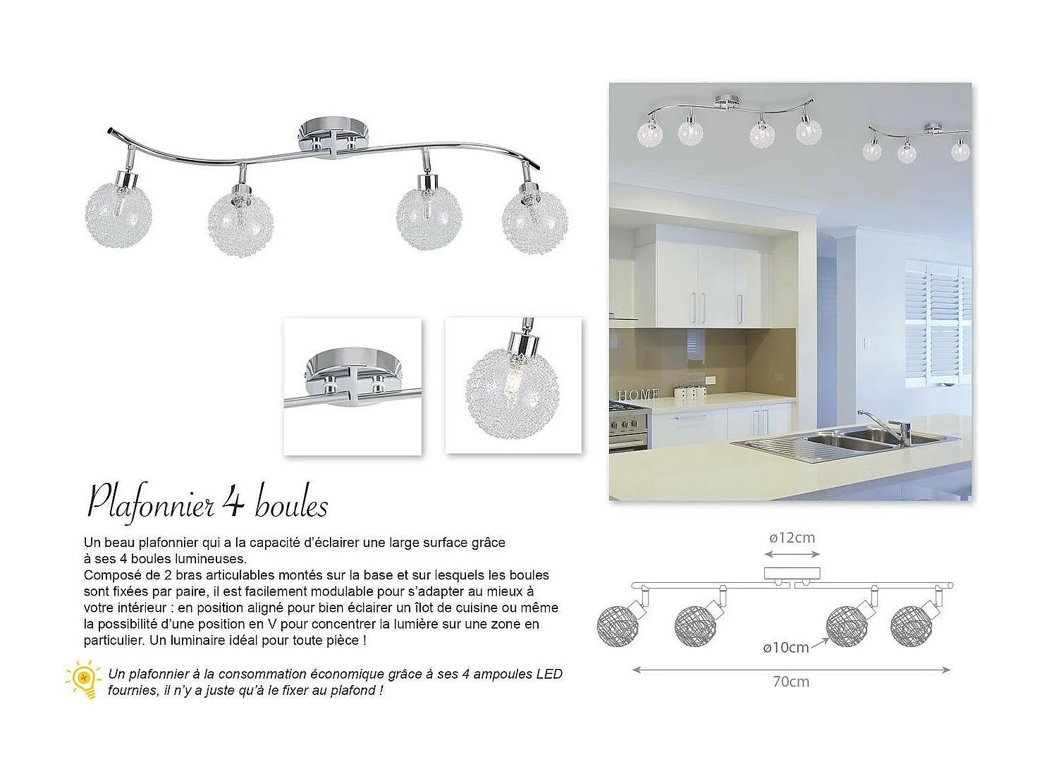 Plafonnier 4 Spots Design "Lako" 70cm Argent