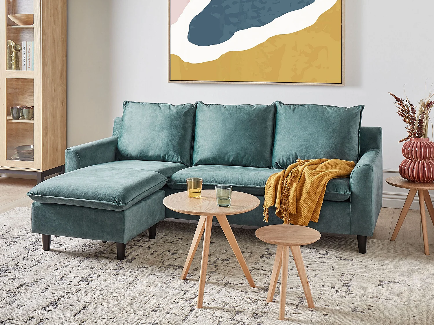 Canapé d'Angle à Droite Moderne en Velours Pieds en Bois Massif Bleu Sarcelle Elvenes