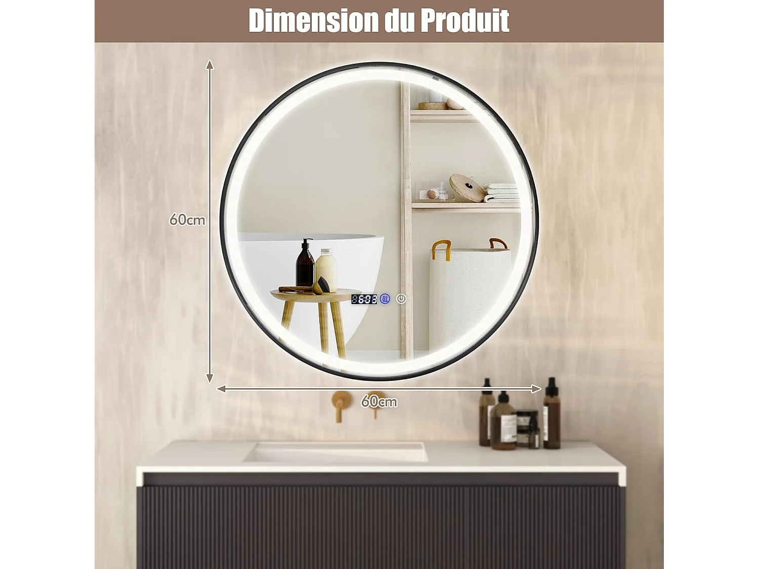 Miroir Salle de Bain LED à 3 Couleurs & Luminosité Réglable, Miroir Mural Anti-Buée, Miroir Lumineux avec Interrupteur Tactile et Fonction Mémoire, Affichage Temps/Température, 60 x 60 CM