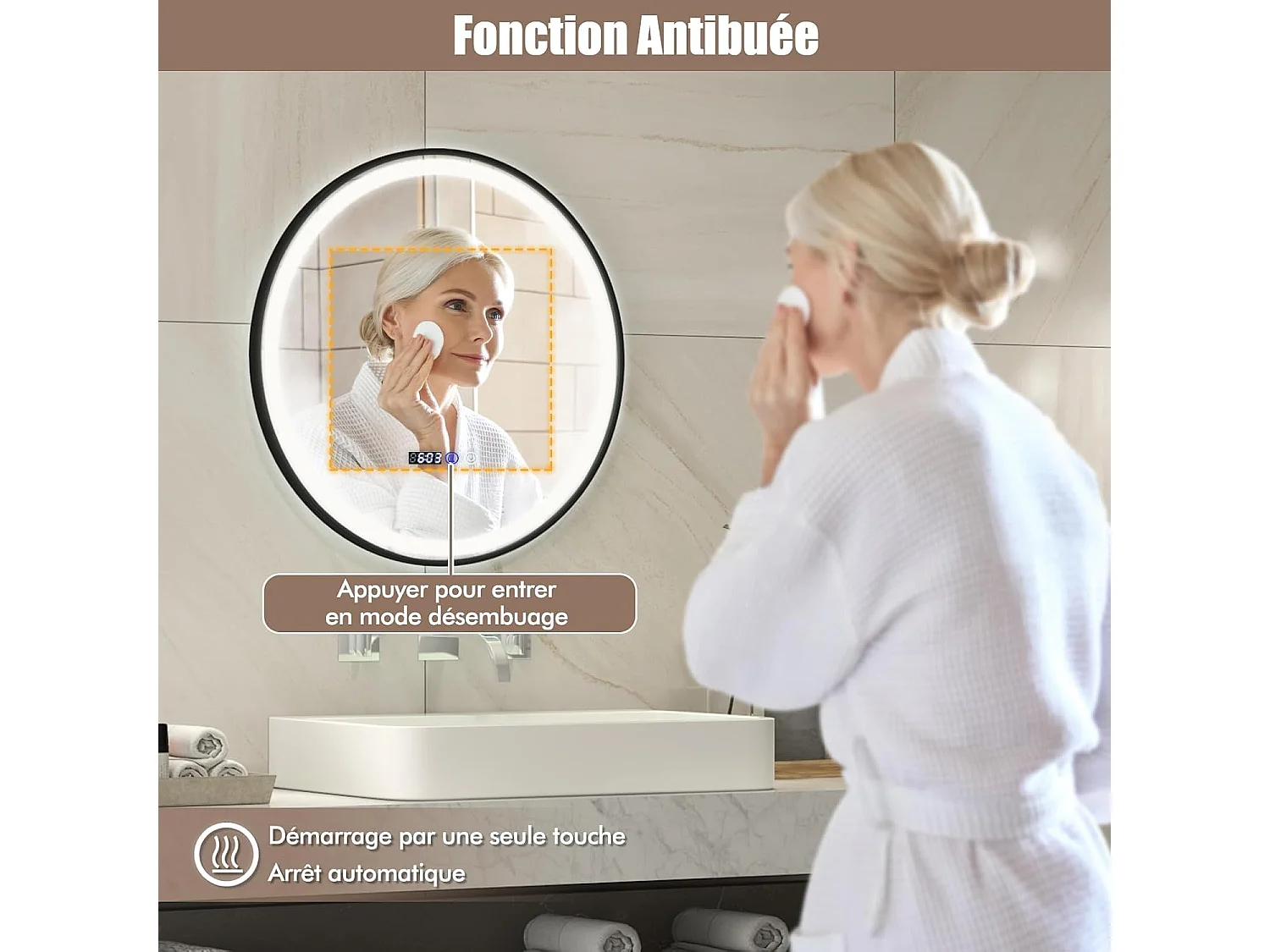 Miroir Salle de Bain LED à 3 Couleurs & Luminosité Réglable, Miroir Mural Anti-Buée, Miroir Lumineux avec Interrupteur Tactile et Fonction Mémoire, Affichage Temps/Température, 60 x 60 CM