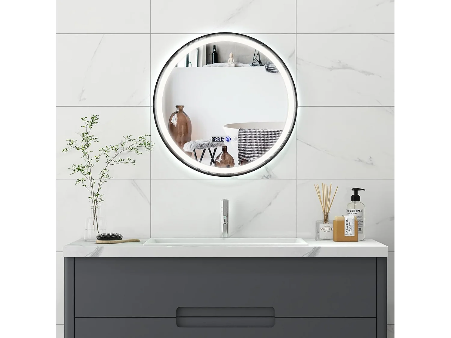 Miroir Salle de Bain LED à 3 Couleurs & Luminosité Réglable, Miroir Mural Anti-Buée, Miroir Lumineux avec Interrupteur Tactile et Fonction Mémoire, Affichage Temps/Température, 60 x 60 CM