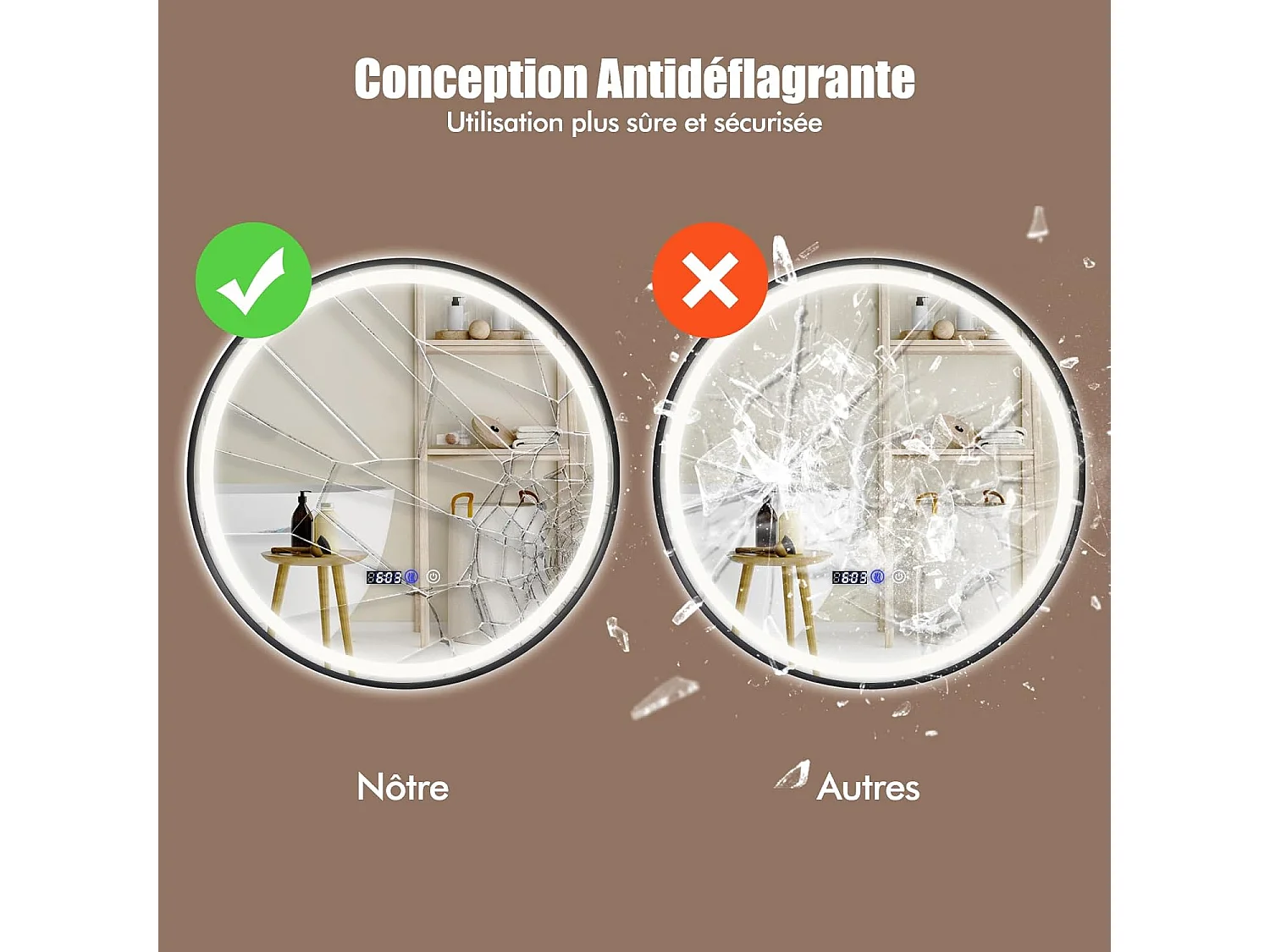 Miroir Salle de Bain LED à 3 Couleurs & Luminosité Réglable, Miroir Mural Anti-Buée, Miroir Lumineux avec Interrupteur Tactile et Fonction Mémoire, Affichage Temps/Température, 60 x 60 CM