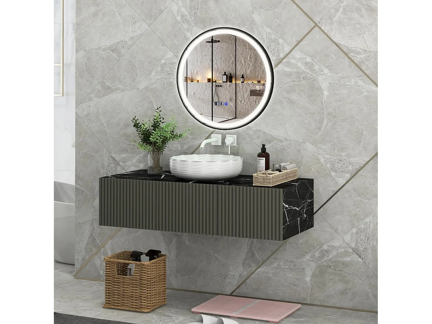 Miroir Salle de Bain LED à 3 Couleurs & Luminosité Réglable, Miroir Mural Anti-Buée, Miroir Lumineux avec Interrupteur Tactile et Fonction Mémoire, Affichage Temps/Température, 60 x 60 CM