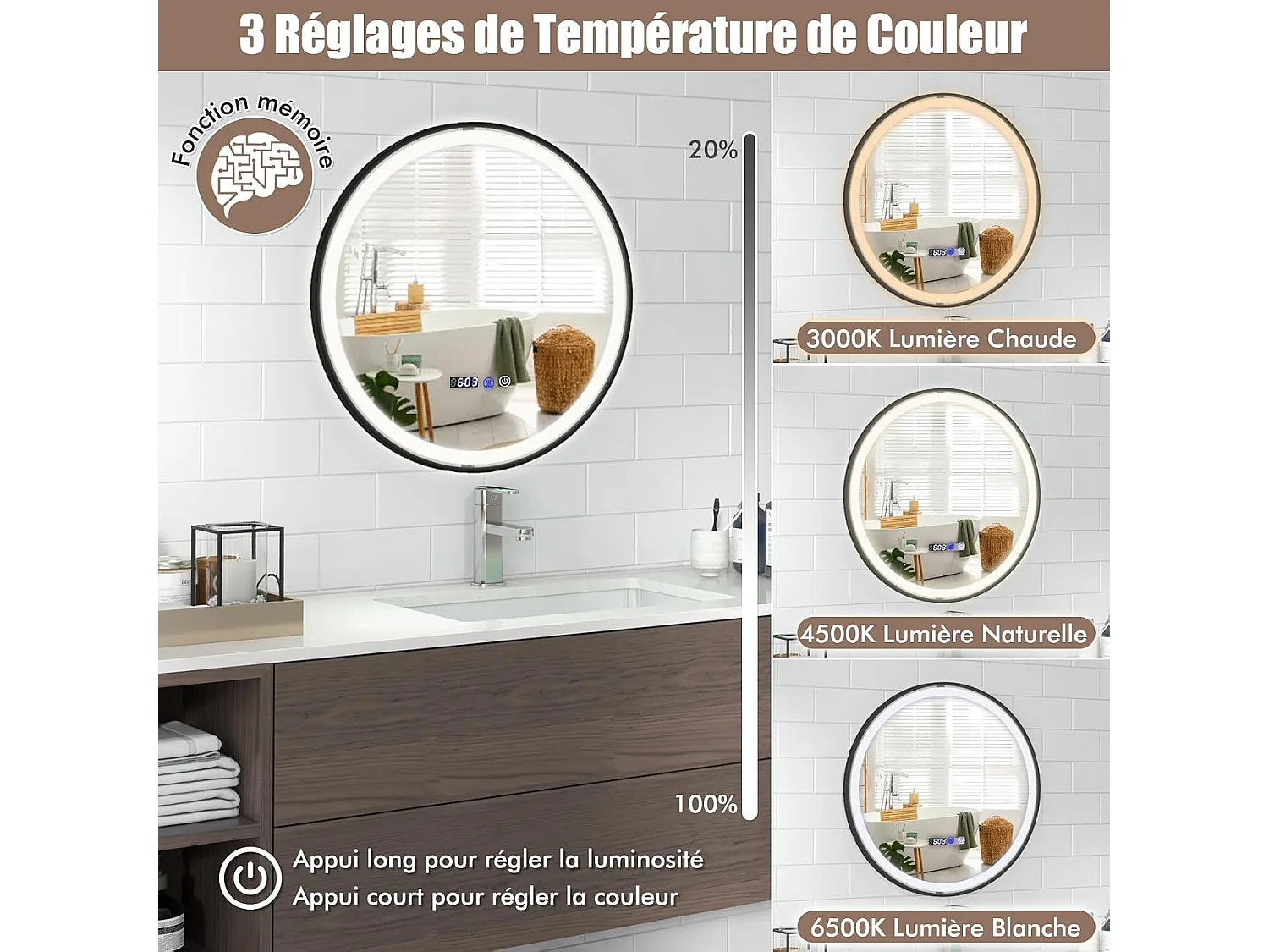 Miroir Salle de Bain LED à 3 Couleurs & Luminosité Réglable, Miroir Mural Anti-Buée, Miroir Lumineux avec Interrupteur Tactile et Fonction Mémoire, Affichage Temps/Température, 60 x 60 CM