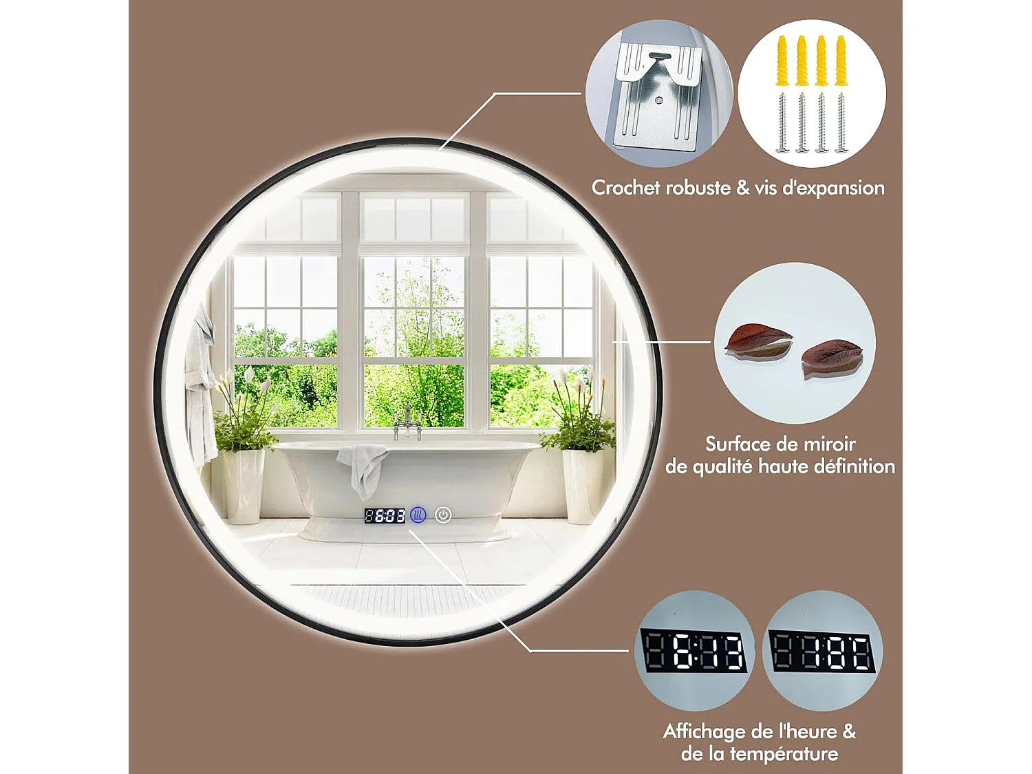 Miroir Salle de Bain LED à 3 Couleurs & Luminosité Réglable, Miroir Mural Anti-Buée, Miroir Lumineux avec Interrupteur Tactile et Fonction Mémoire, Affichage Temps/Température, 60 x 60 CM