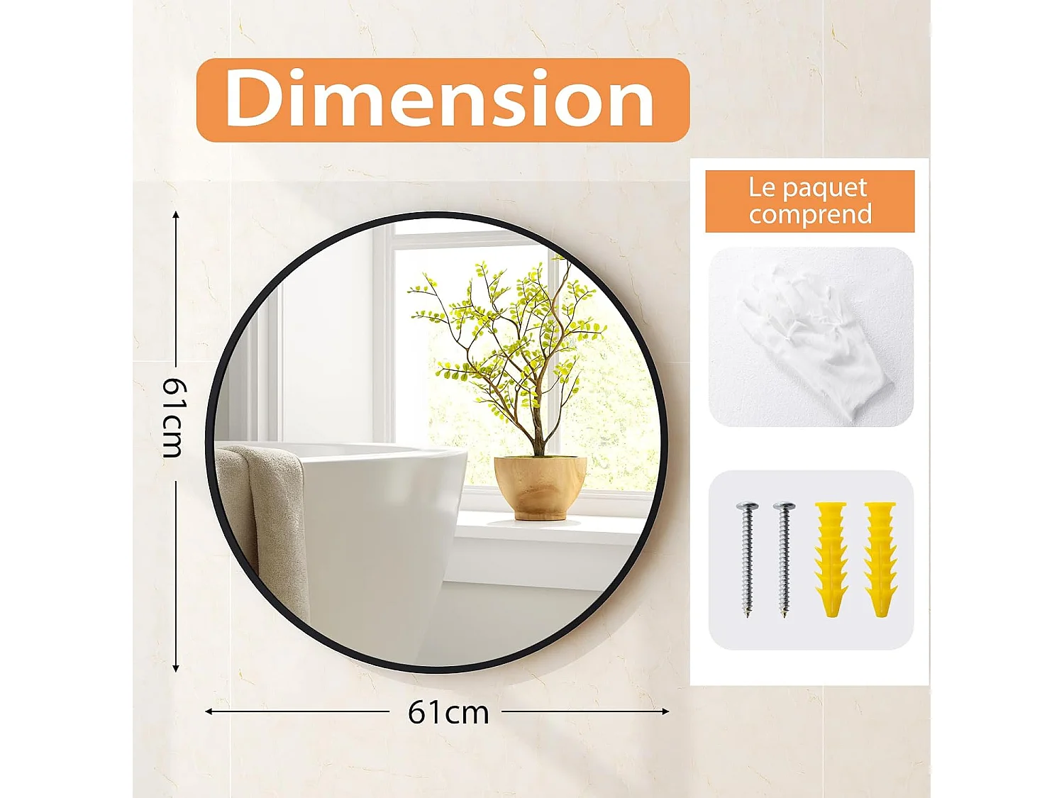 Miroir de salle de bain antidéflagrant, miroir mural rond ø 61 cm, noir