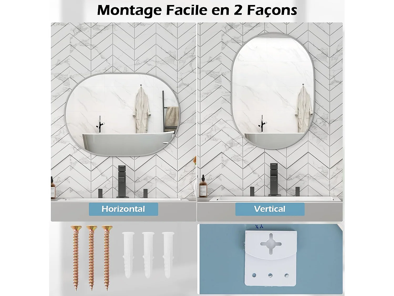 Miroir salle de bain 70,5 x 50,5 cm, miroir ovale, miroir maquillage, supports muraux