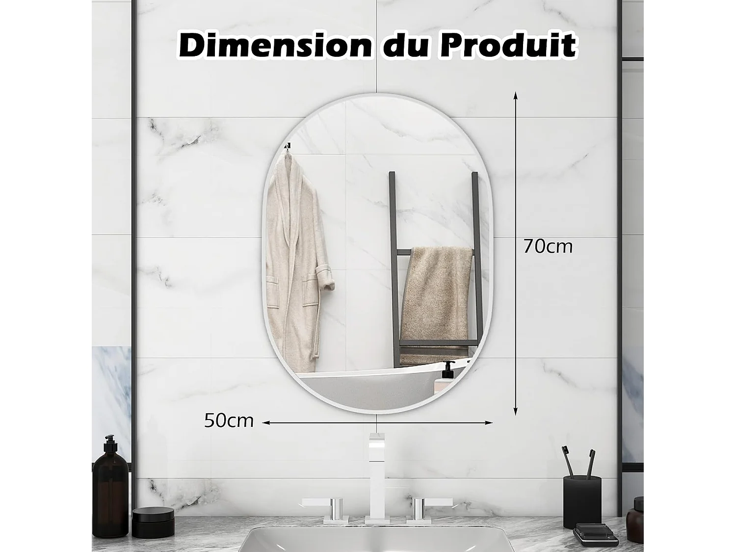 Miroir salle de bain 70,5 x 50,5 cm, miroir ovale, miroir maquillage, supports muraux