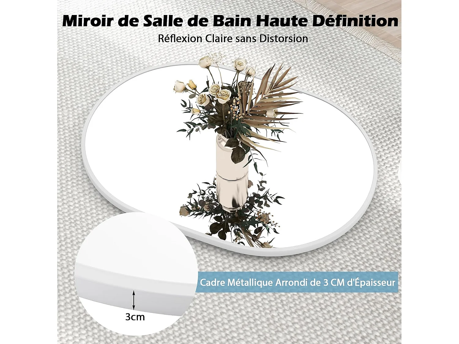 Miroir salle de bain 70,5 x 50,5 cm, miroir ovale, miroir maquillage, supports muraux