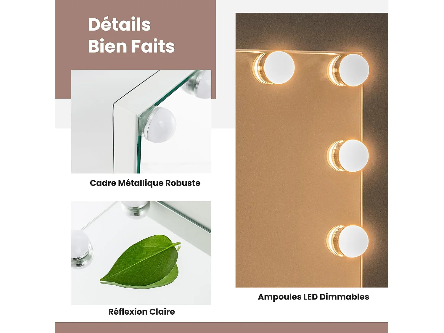 Miroir maquillage lumineux 50 x 43 cm, miroir led 14 lumières, miroir avec loupe x 5,blanc
