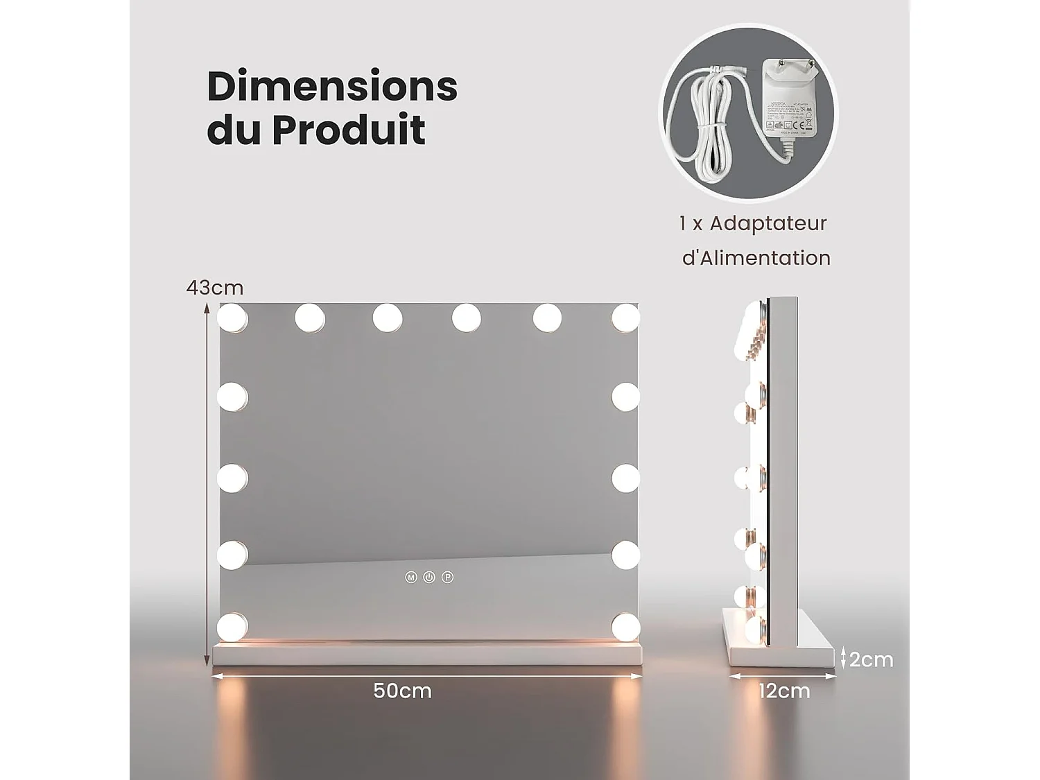 Miroir maquillage lumineux 50 x 43 cm, miroir led 14 lumières, miroir avec loupe x 5,blanc