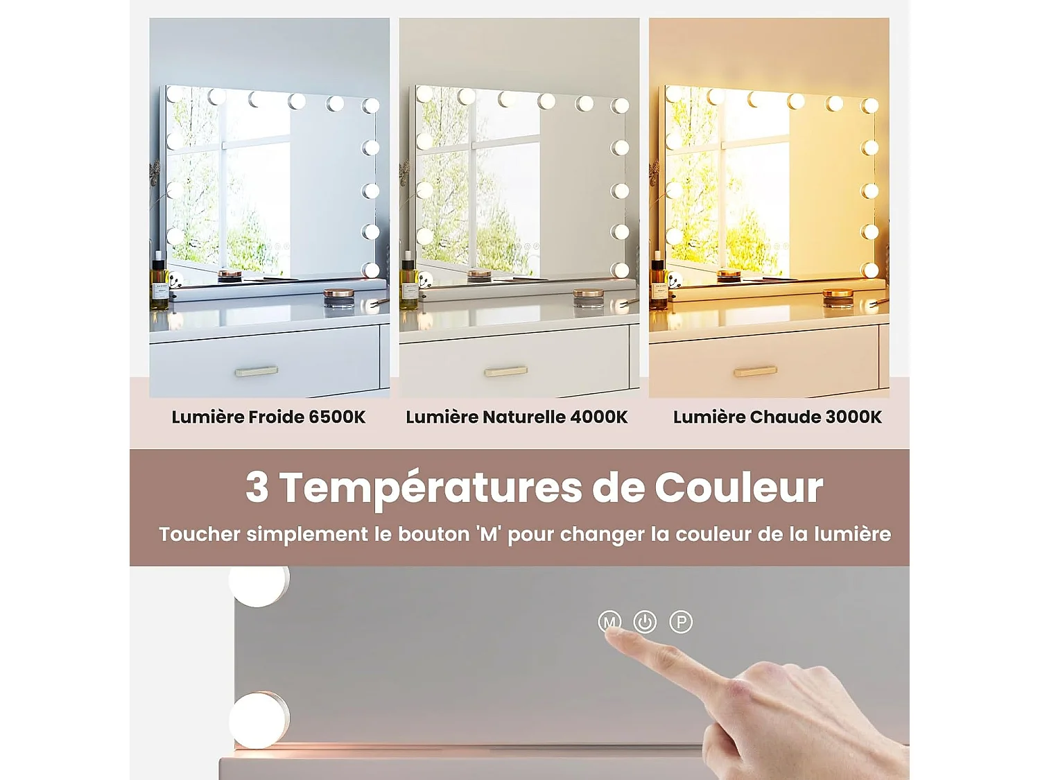 Miroir maquillage lumineux 50 x 43 cm, miroir led 14 lumières, miroir avec loupe x 5,blanc