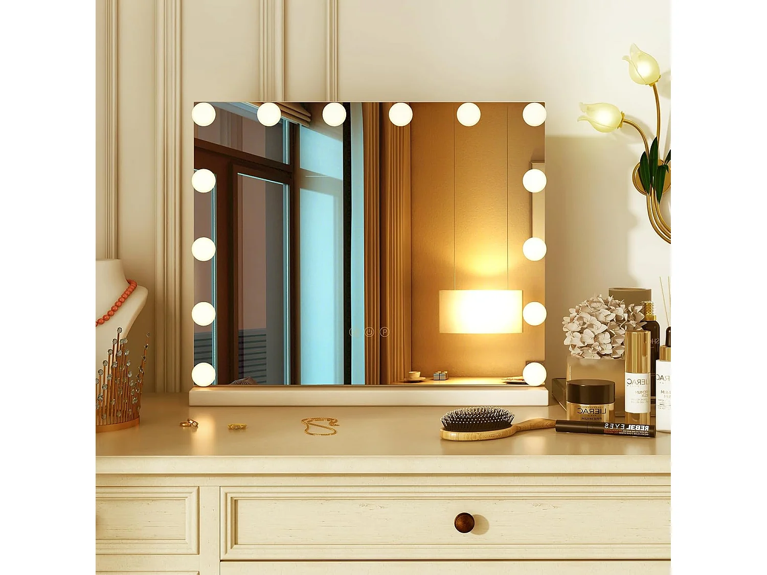 Miroir maquillage lumineux 50 x 43 cm, miroir led 14 lumières, miroir avec loupe x 5,blanc