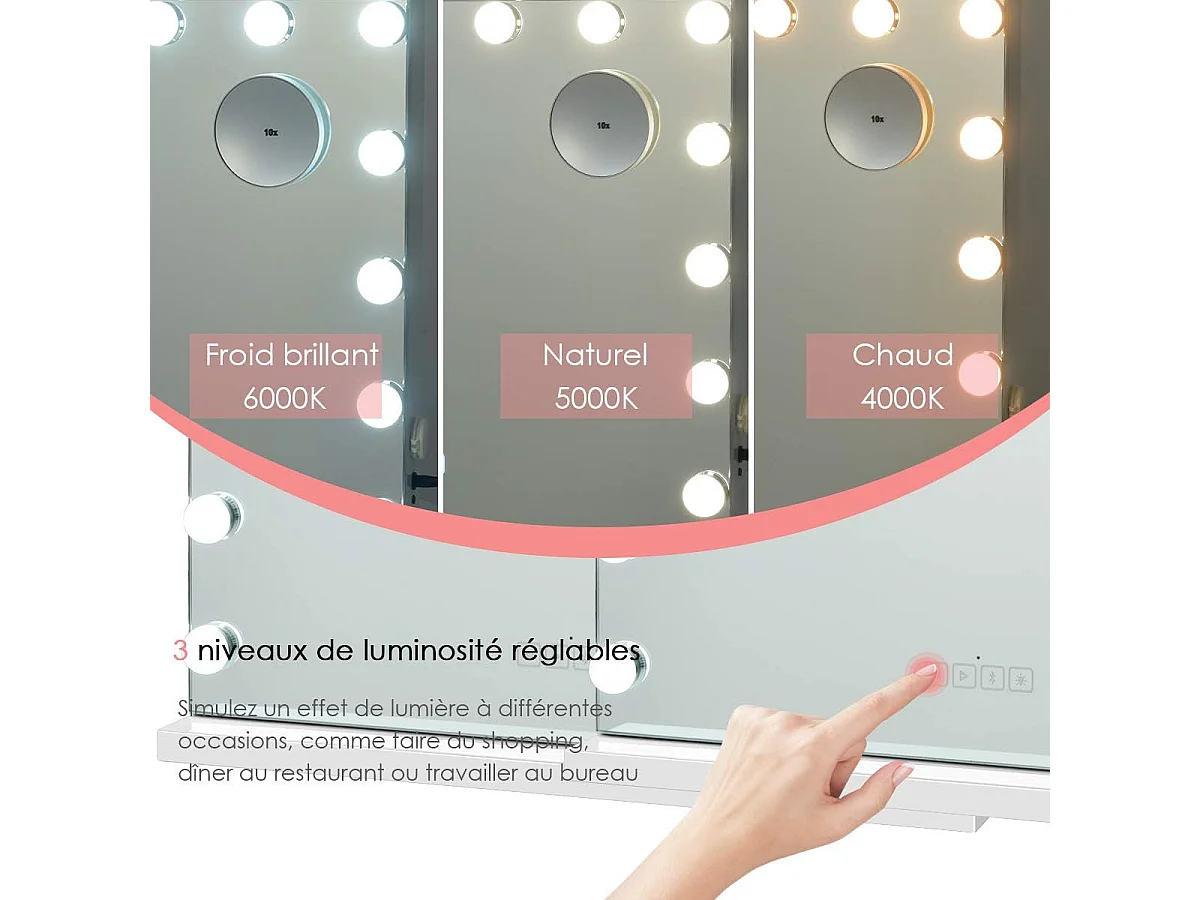 Miroir hollywood bluetooth avec lumières,15 ampoules led, écran tactile, 58 x 46 cm