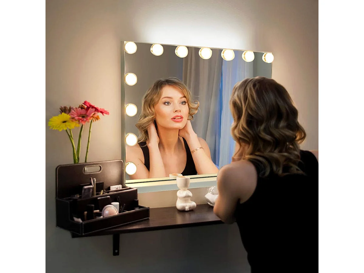 Miroir hollywood bluetooth avec lumières,15 ampoules led, écran tactile, 58 x 46 cm