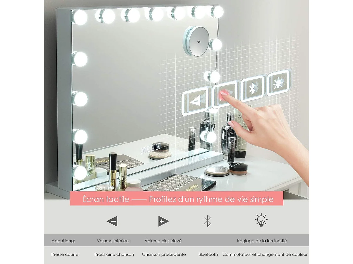Miroir hollywood bluetooth avec lumières,15 ampoules led, écran tactile, 58 x 46 cm
