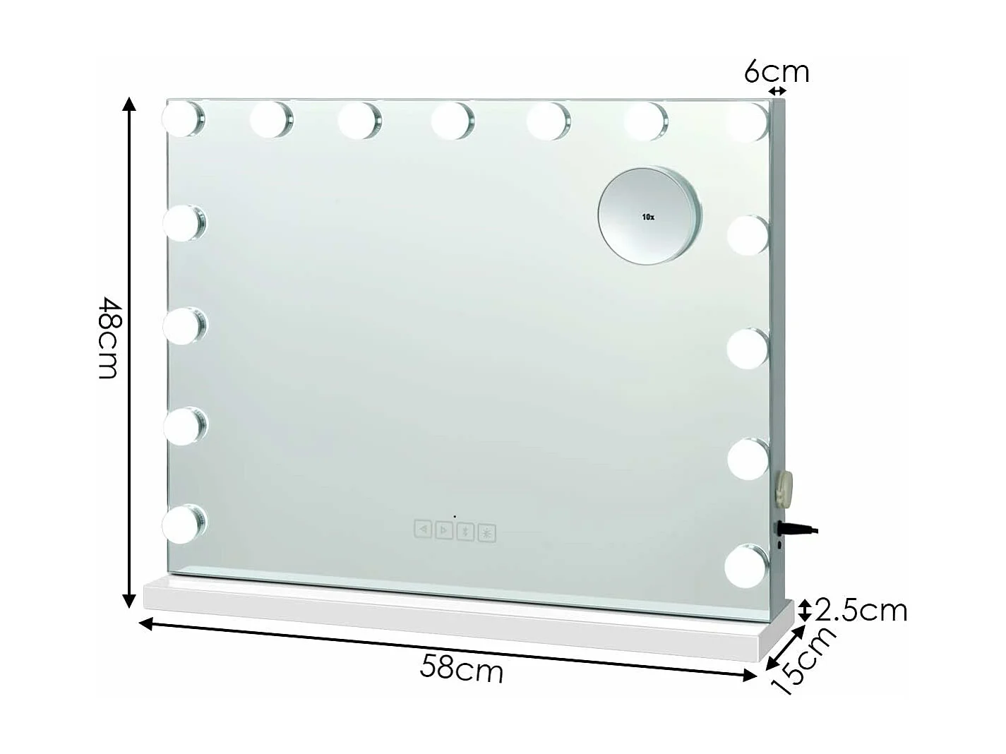 Miroir hollywood bluetooth avec lumières,15 ampoules led, écran tactile, 58 x 46 cm