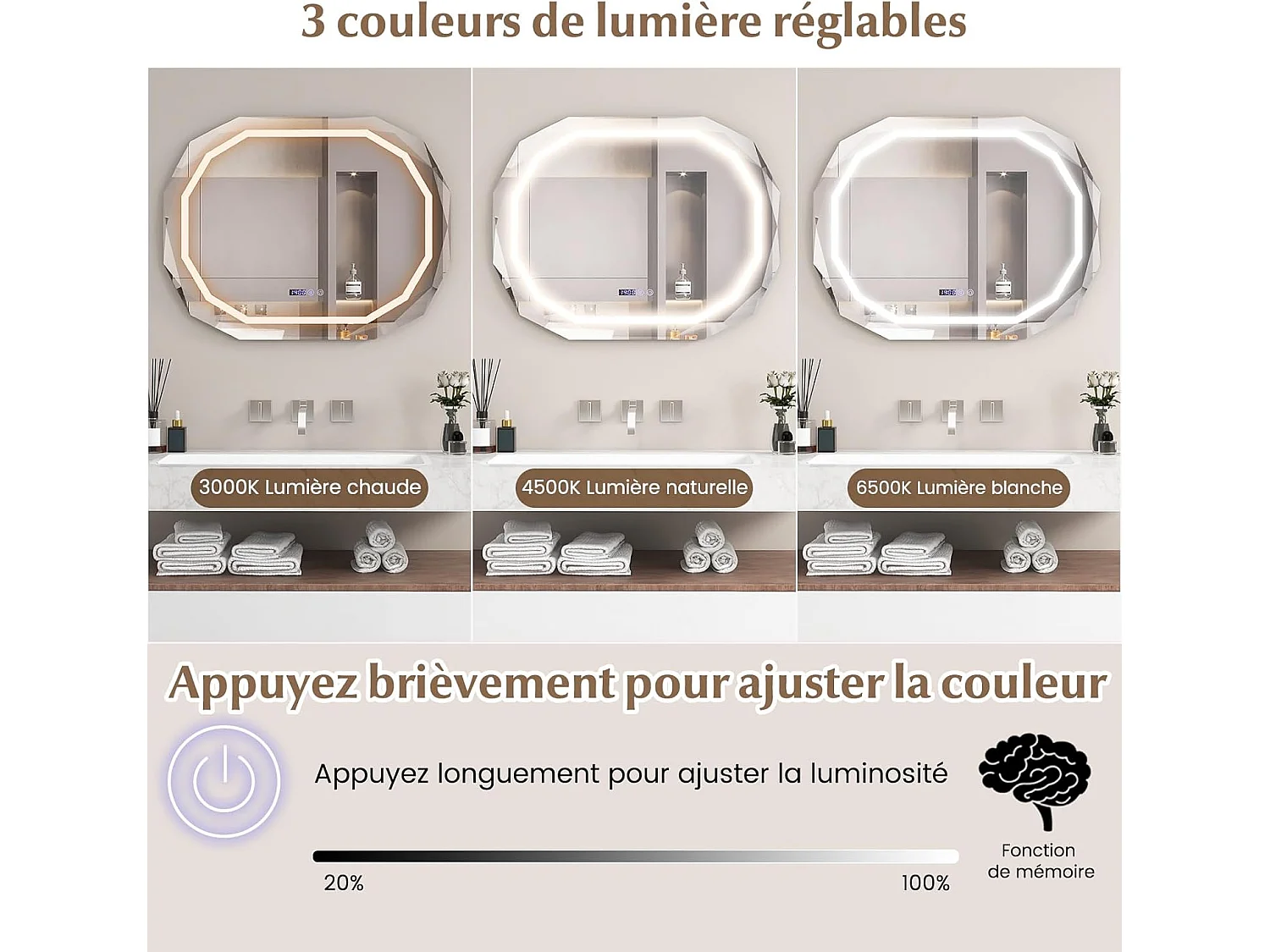 Miroir Salle de Bain LED à 3 Couleurs & Luminosité Réglable, Miroir Mural Ovale Anti-Buée, Miroir Lumineux Salle de Bain avec Interrupteur Tactile, Fonction Mémoire, 91,5 x 71 CM