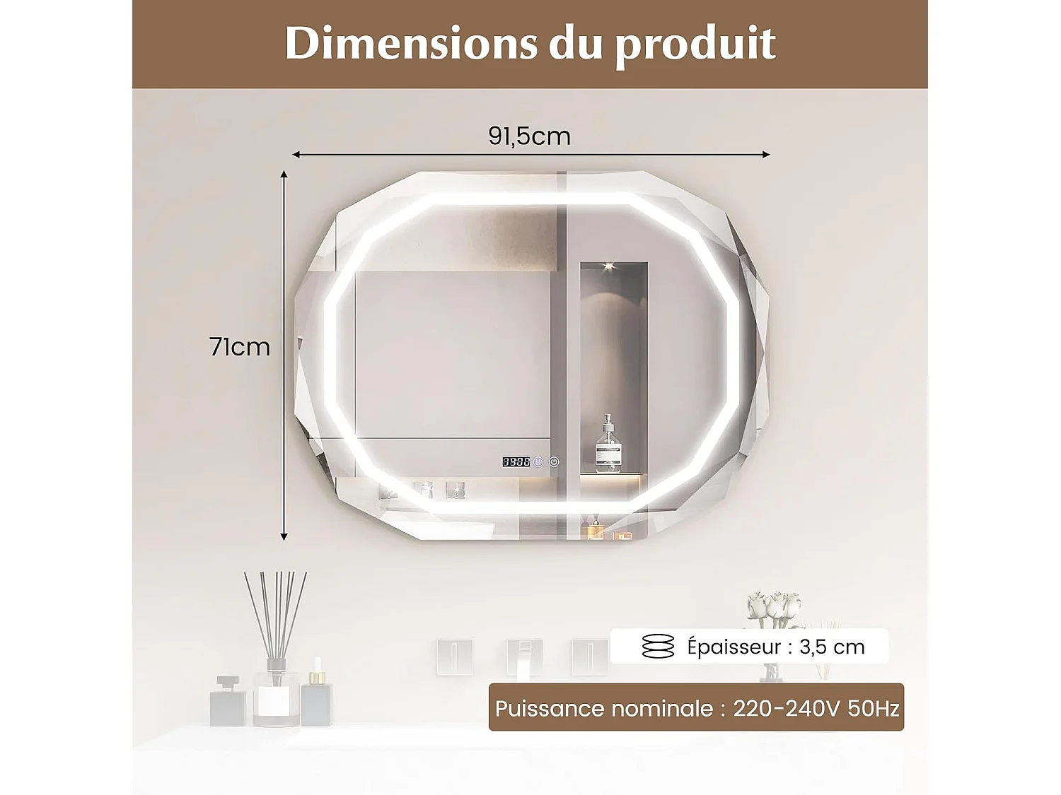 Miroir Salle de Bain LED à 3 Couleurs & Luminosité Réglable, Miroir Mural Ovale Anti-Buée, Miroir Lumineux Salle de Bain avec Interrupteur Tactile, Fonction Mémoire, 91,5 x 71 CM