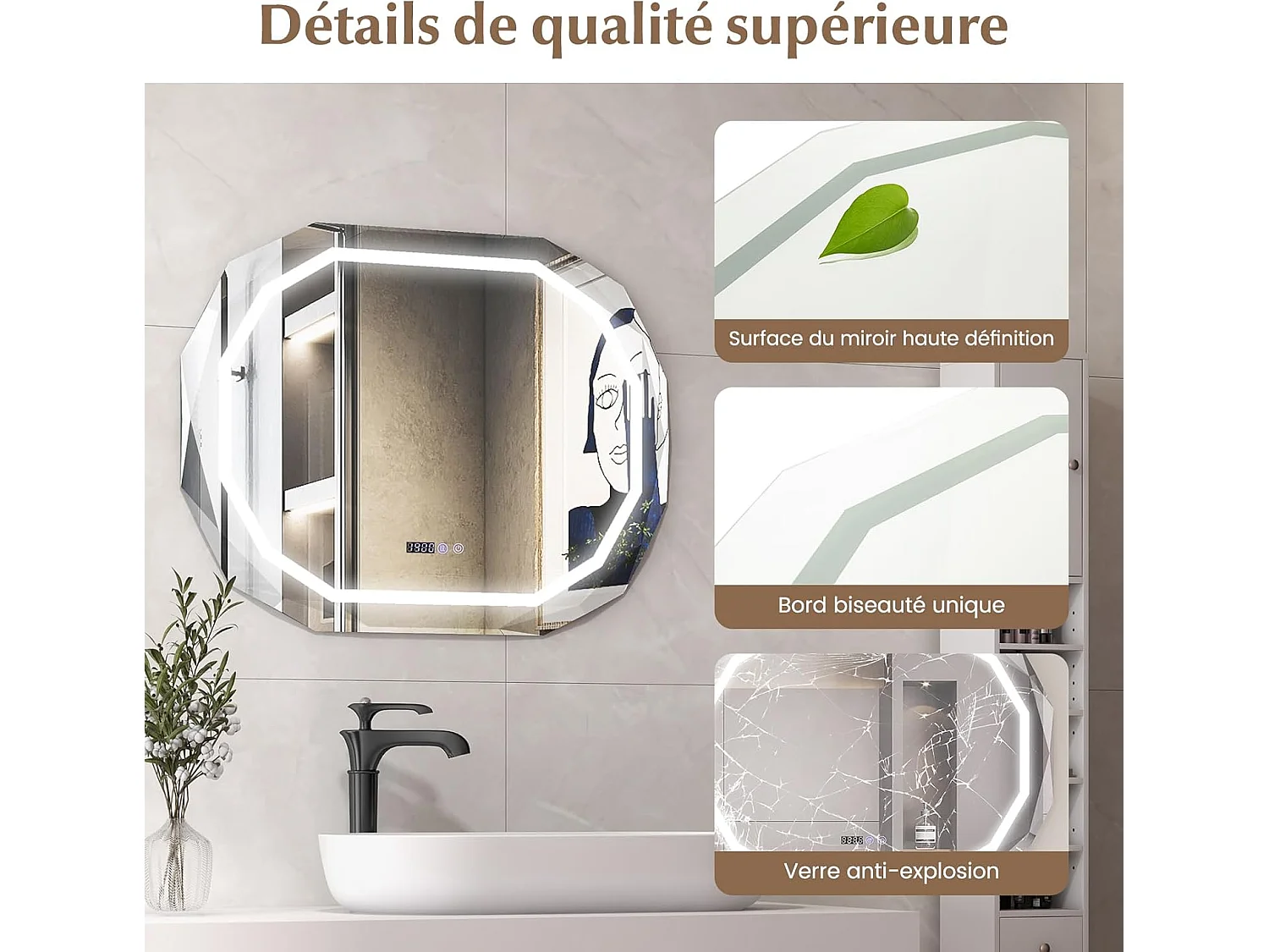 Miroir Salle de Bain LED à 3 Couleurs & Luminosité Réglable, Miroir Mural Ovale Anti-Buée, Miroir Lumineux Salle de Bain avec Interrupteur Tactile, Fonction Mémoire, 91,5 x 71 CM