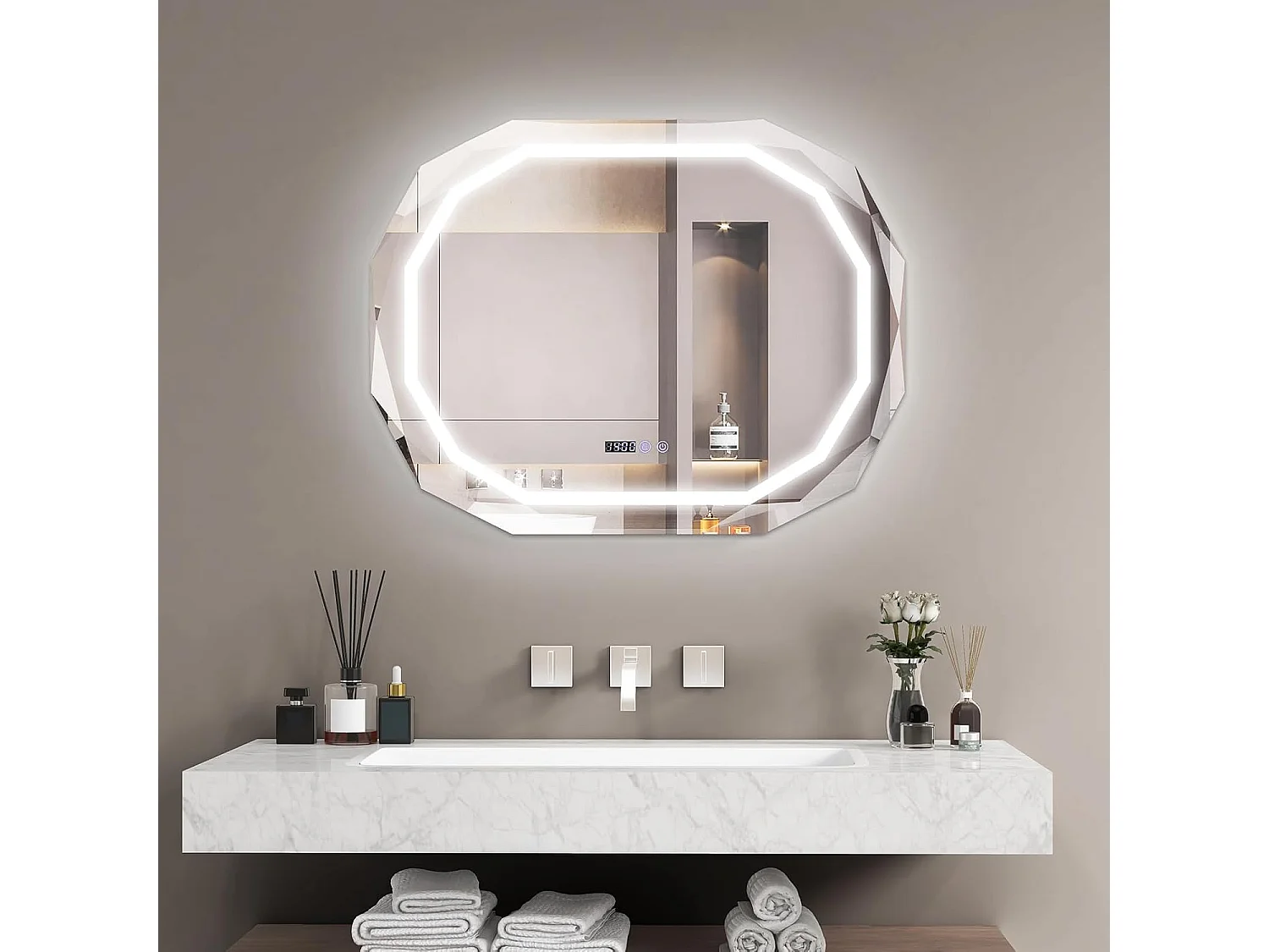 Miroir Salle de Bain LED à 3 Couleurs & Luminosité Réglable, Miroir Mural Ovale Anti-Buée, Miroir Lumineux Salle de Bain avec Interrupteur Tactile, Fonction Mémoire, 91,5 x 71 CM