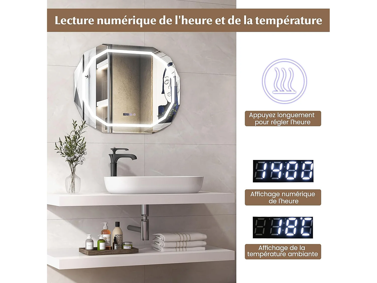 Miroir Salle de Bain LED à 3 Couleurs & Luminosité Réglable, Miroir Mural Ovale Anti-Buée, Miroir Lumineux Salle de Bain avec Interrupteur Tactile, Fonction Mémoire, 91,5 x 71 CM