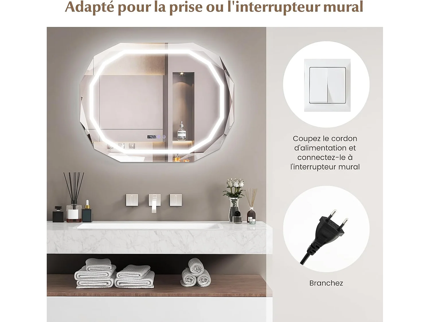 Miroir Salle de Bain LED à 3 Couleurs & Luminosité Réglable, Miroir Mural Ovale Anti-Buée, Miroir Lumineux Salle de Bain avec Interrupteur Tactile, Fonction Mémoire, 91,5 x 71 CM