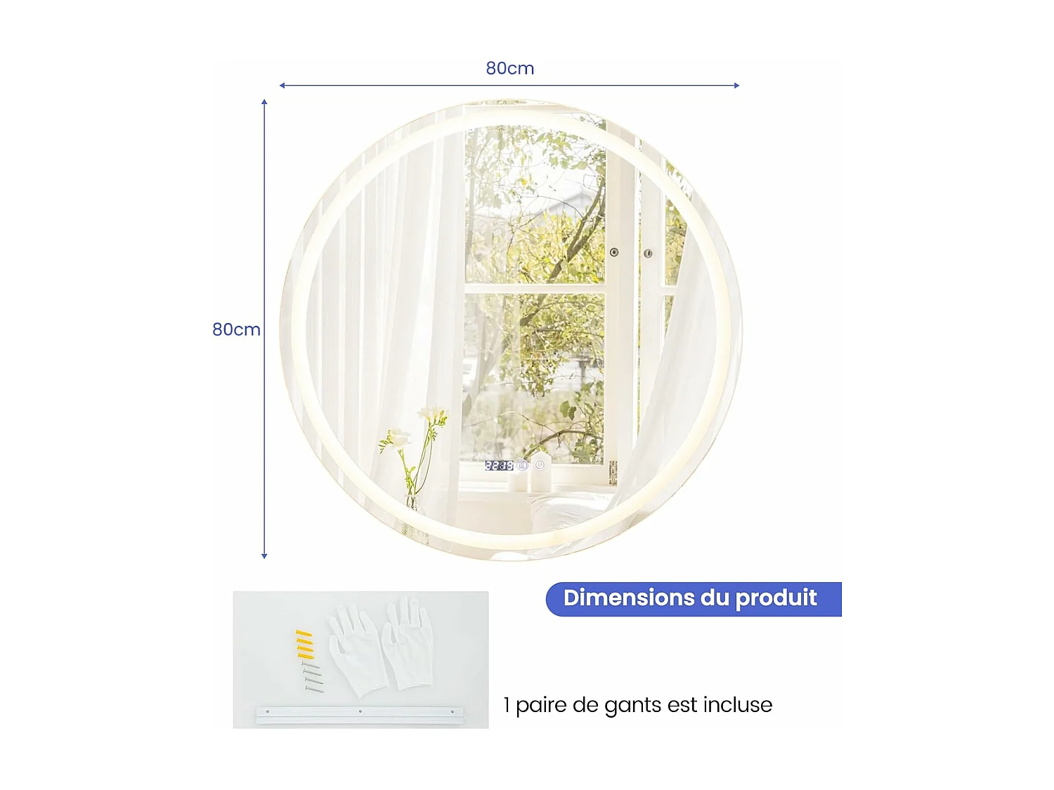 Miroir Salle de Bain LED, Miroir Lumineux Salle de Bain Anti-Buée avec 3 Couleurs et Luminosité Réglables, Fonction de Mémoire, Miroir Maquillage pour Coiffeuse, Chambre, Vestiaire (80x80x4cm)