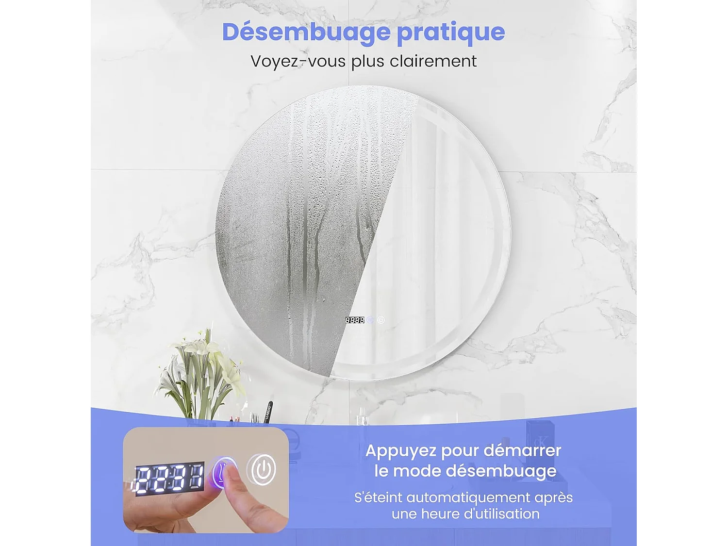 Miroir Salle de Bain LED, Miroir Lumineux Salle de Bain Anti-Buée avec 3 Couleurs et Luminosité Réglables, Fonction de Mémoire, Miroir Maquillage pour Coiffeuse, Chambre, Vestiaire (80x80x4cm)