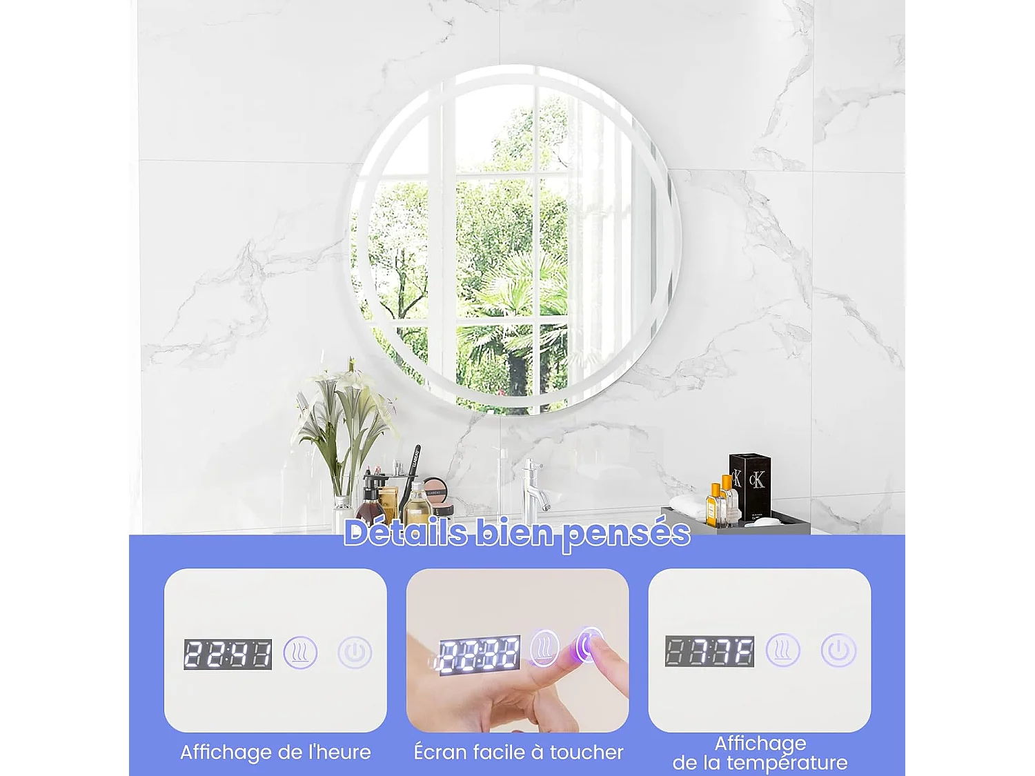 Miroir Salle de Bain LED, Miroir Lumineux Salle de Bain Anti-Buée avec 3 Couleurs et Luminosité Réglables, Fonction de Mémoire, Miroir Maquillage pour Coiffeuse, Chambre, Vestiaire (80x80x4cm)