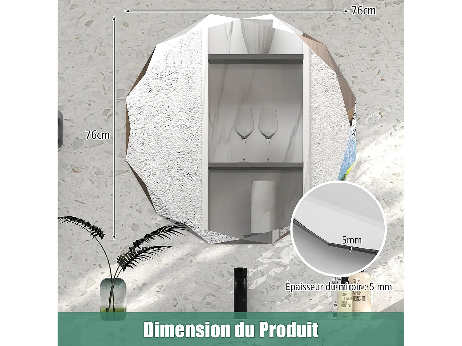 Miroir de salle de bain antidéflagrant, miroir avec bords biseautés uniques, 76 x 76 cm