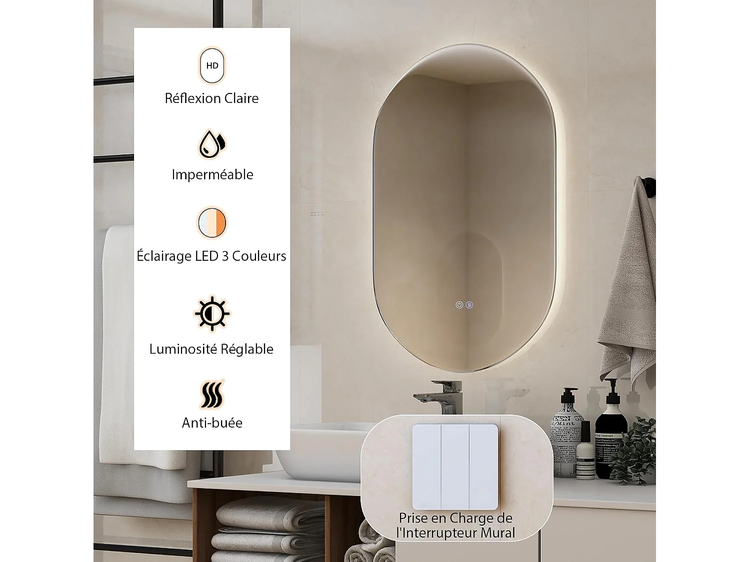 Miroir de Salle de Bain LED 80 x 50 CM, Miroir Mural Ovale Antibué avec 3 Couleurs et Luminosité Réglable, Miroir Cosmétique Antidéflagrant avec Interrupteur Tactile Intelligent, IP54