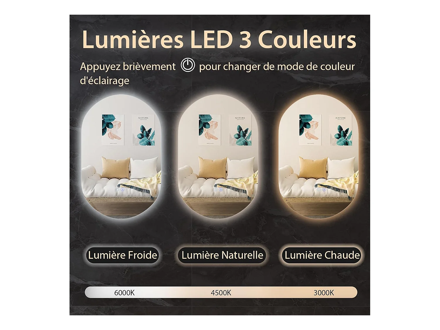 Miroir de Salle de Bain LED 80 x 50 CM, Miroir Mural Ovale Antibué avec 3 Couleurs et Luminosité Réglable, Miroir Cosmétique Antidéflagrant avec Interrupteur Tactile Intelligent, IP54